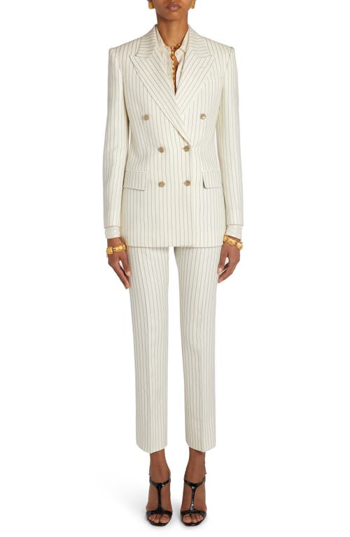 Tom Ford Pinstripe Double Breasted Wool & Silk Blend Blazer In White