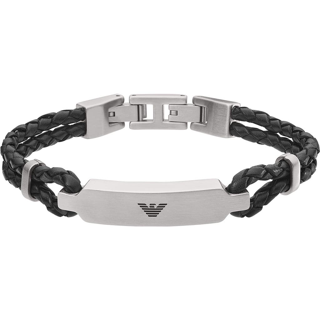 Emporio Armani Stainless Steel Bar Braided Leather Bracelet In Black