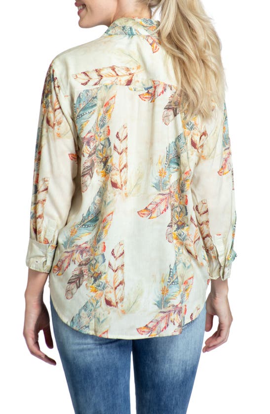 Apny Oversize Feather Print Button-up Shirt In Beige Multi