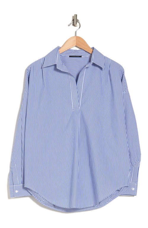 Shop T Tahari Oversized Poplin Tunic Shirt In Blue/white Stripe