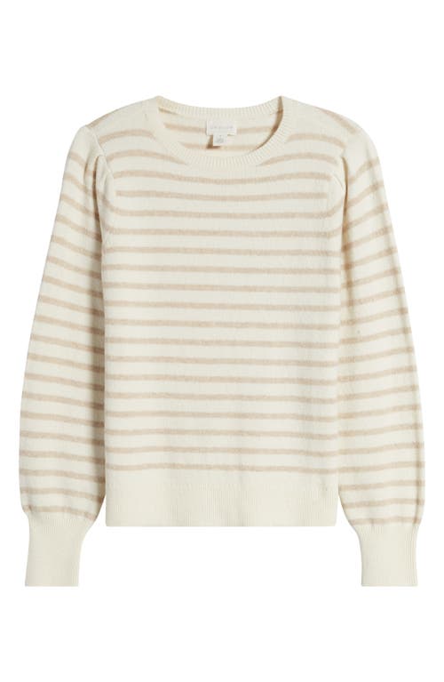 Shop Caslonr Caslon(r) Puff Sleeve Cotton Blend Crewneck Sweater In Ivory- Tan Heather Stripe