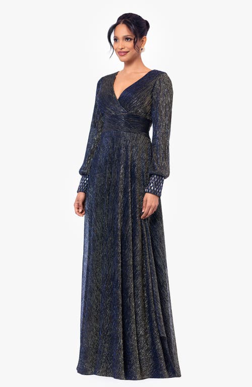 Betsy & Adam Women's Galaxy Metallic V-neck Gown In Navy/gold