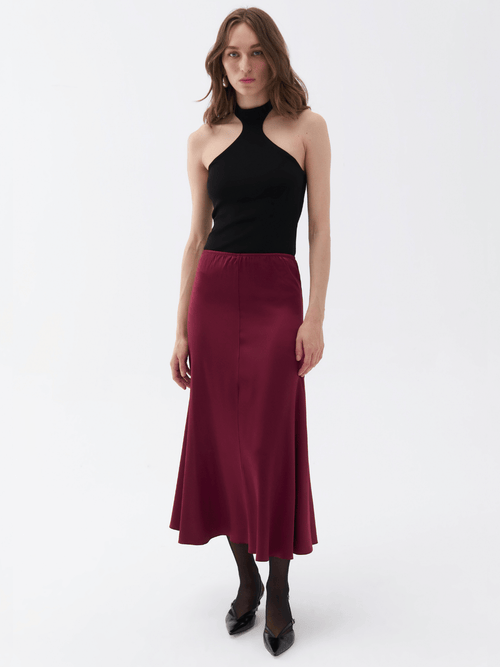 Shop Nocturne Elastic Waisted Midi Skirt In Burgundy