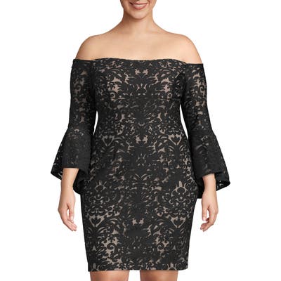 Plus Size Xscape Bell Sleeve Off The Shoulder Burnout Lace Dress, Black