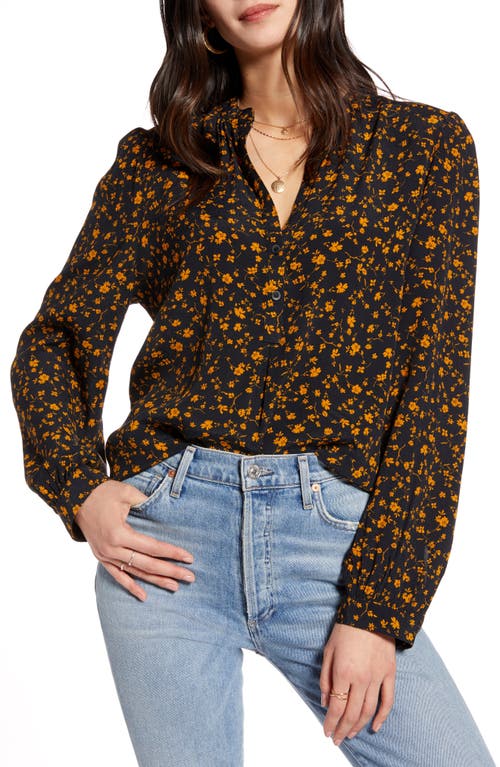Treasure & Bond Deep Placket Popover Top in Black Ditsy Print at Nordstrom, Size Xx-Small