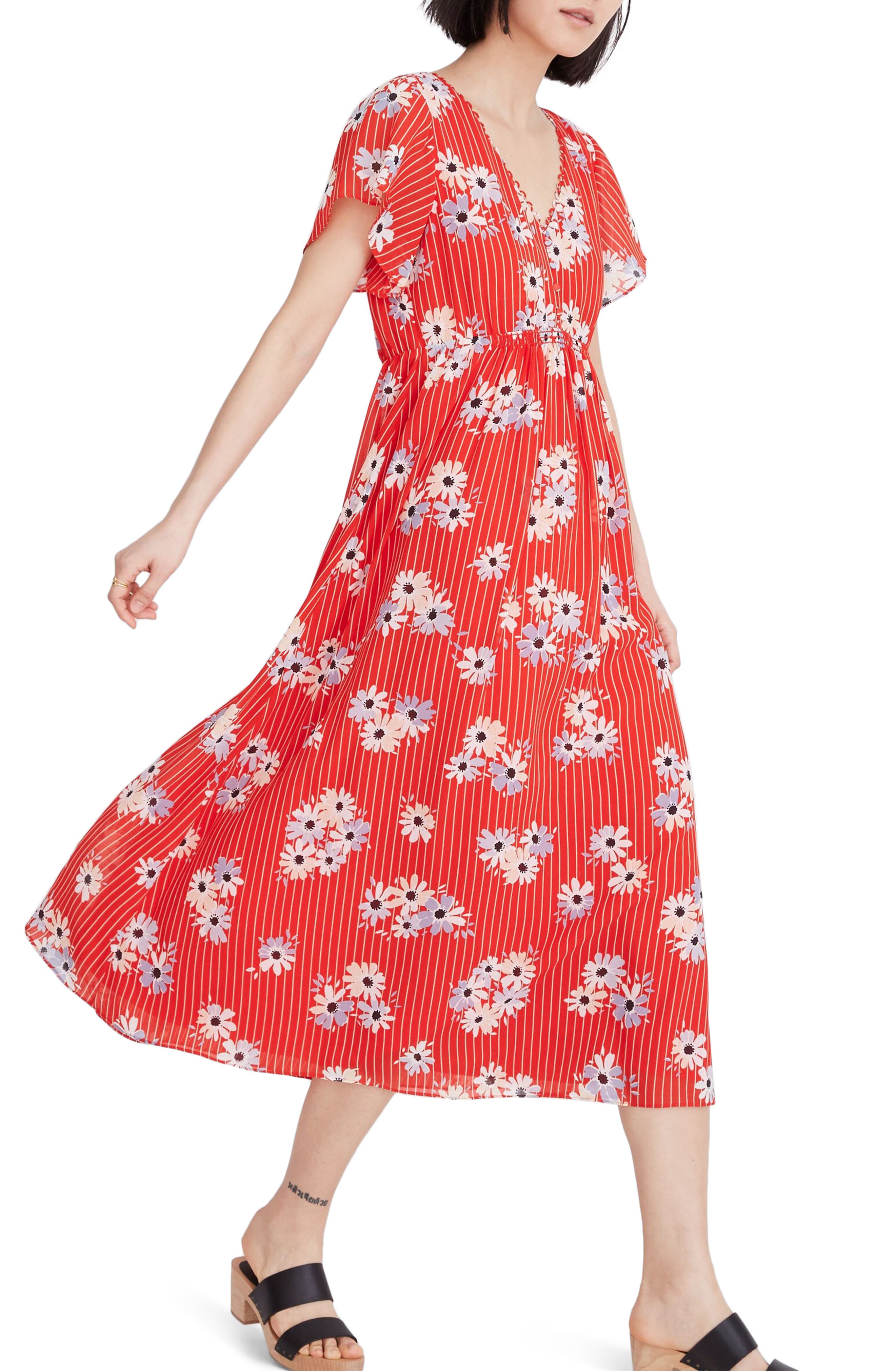 Madewell Daisy Society Scalloped Flutter Sleeve Midi Dress, Red