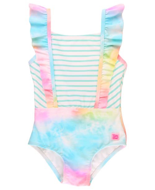 RuffleButts Baby UPF50+ Pinafore One Piece in Rainbow Tie Dye at Nordstrom