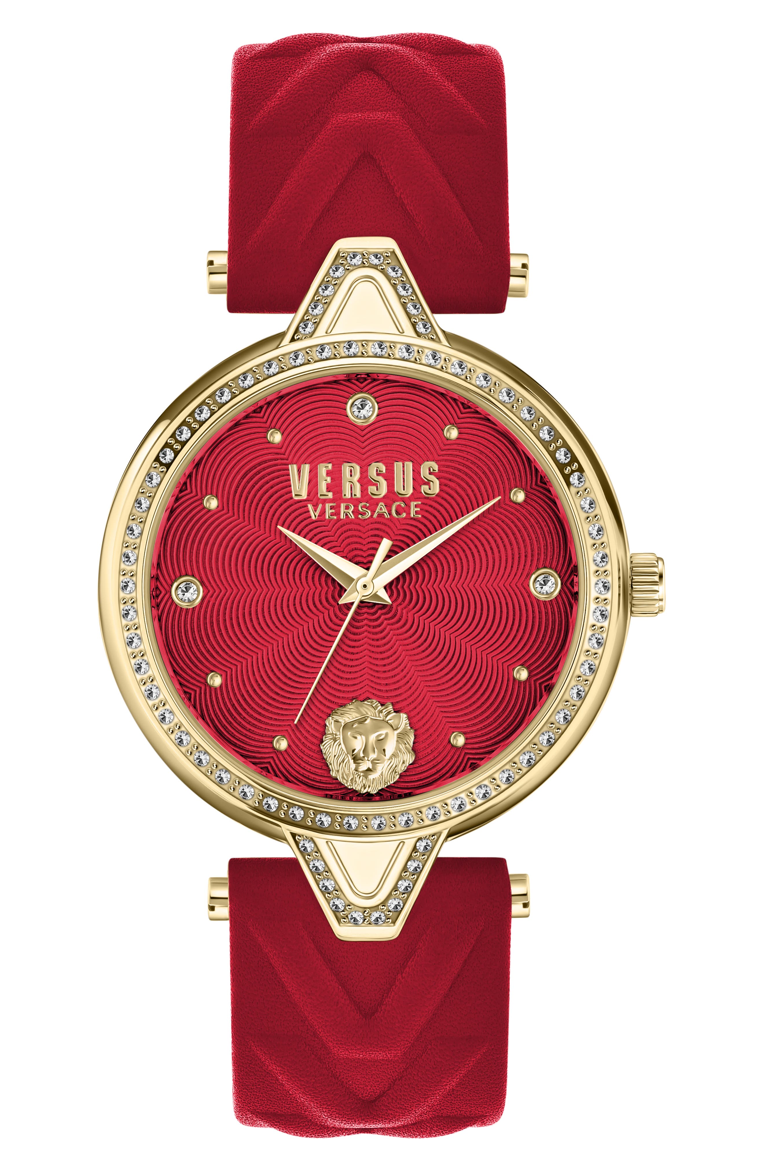 VERSUS Versace V Versus Crystal Leather Strap Watch, 34mm in Ip Yellow Gold 