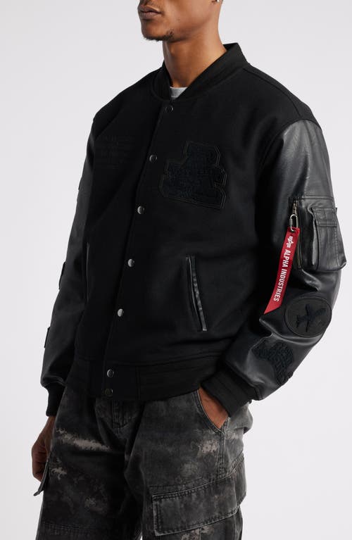 Shop Alpha Industries Leather Ma-1 Varsity Wool & Faux Leather Jacket In Black