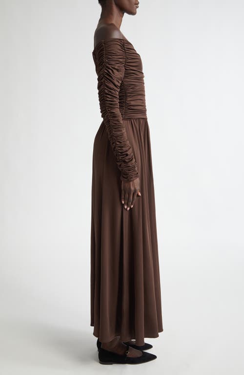 Shop Altuzarra Off The Shoulder Long Sleeve Ruched Maxi Dress In Sable