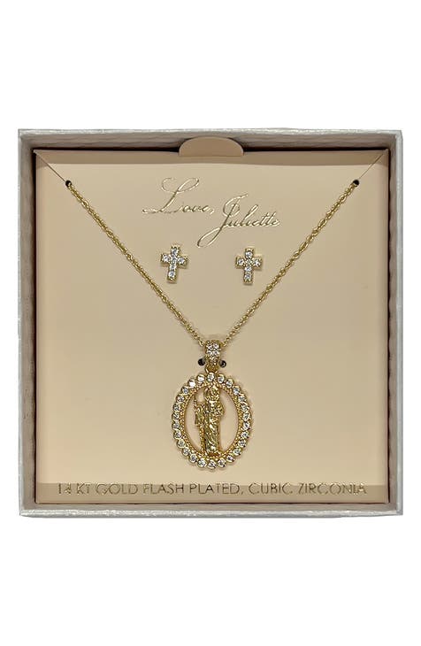 Cubic Zirconia Cross Stud Earrings & Mother Mary Pendant Necklace Set