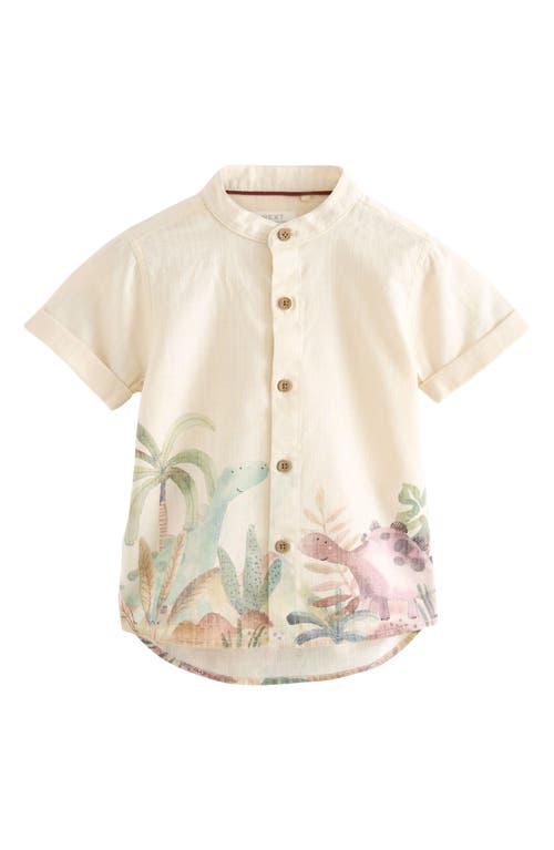 NEXT Kids' Dinosaur Print Short Sleeve Cotton & Linen Button-Up Shirt Natural at Nordstrom,