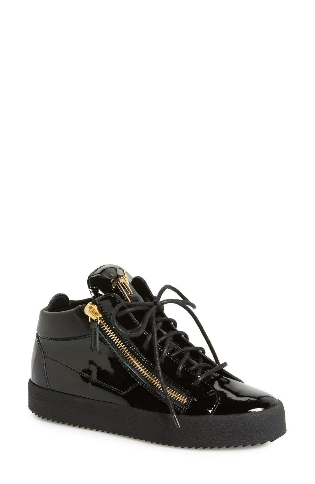 black patent leather high top sneakers