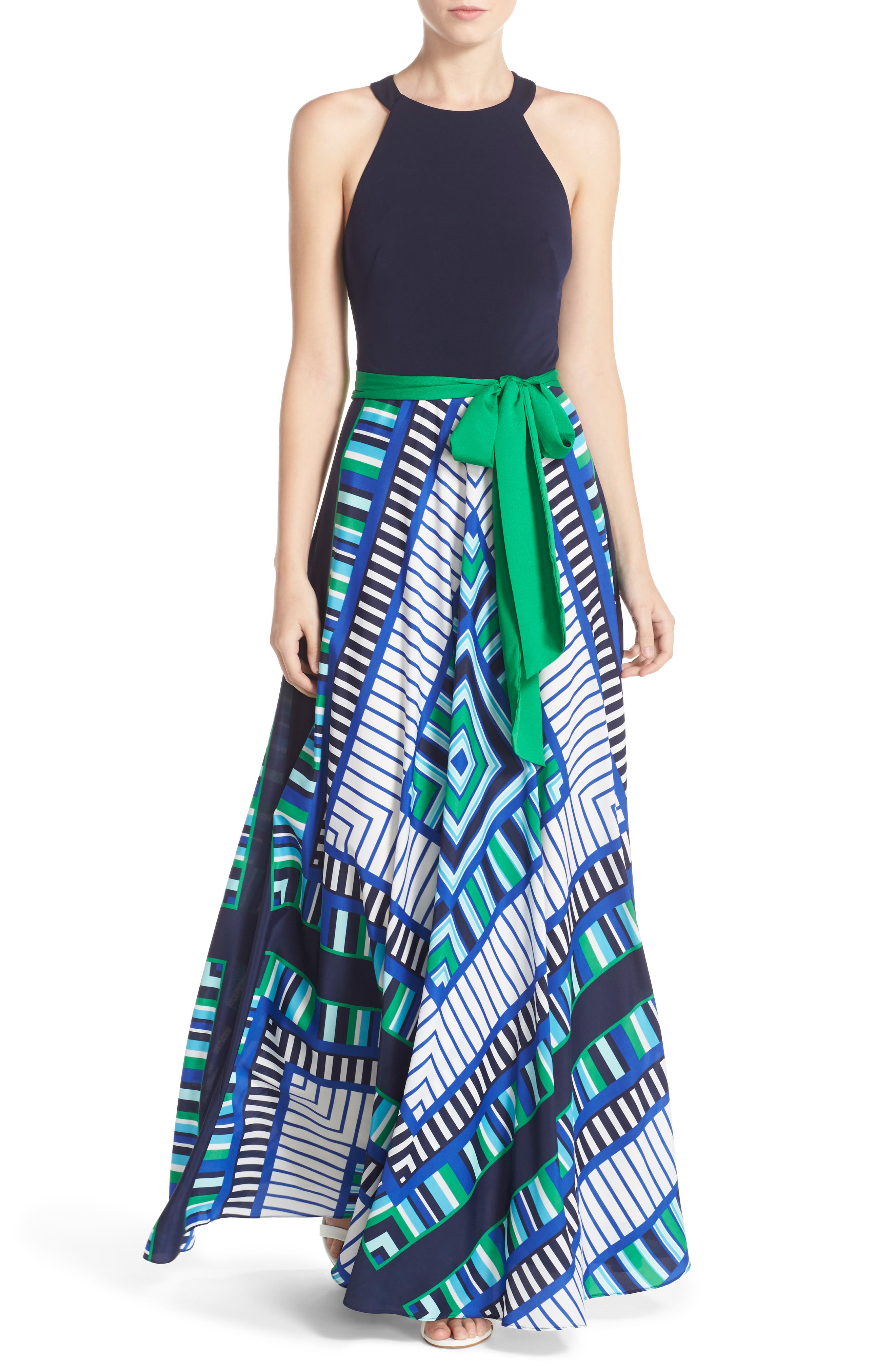 eliza j scarf print jersey & crêpe de chine maxi dress