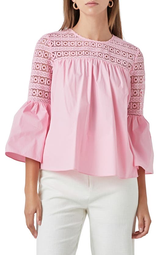 Shop Endless Rose Bell Sleeve Lace Poplin Blouse In Pink