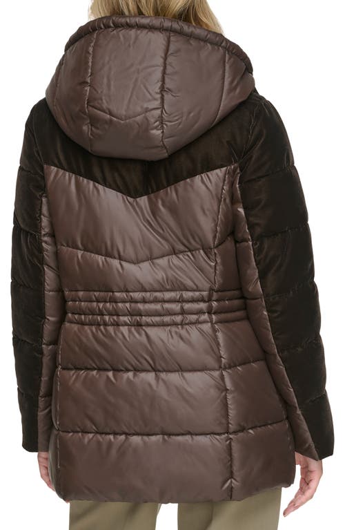 Andrew Marc Velvet Panel Hooded Puffer Jacket In Chocolate