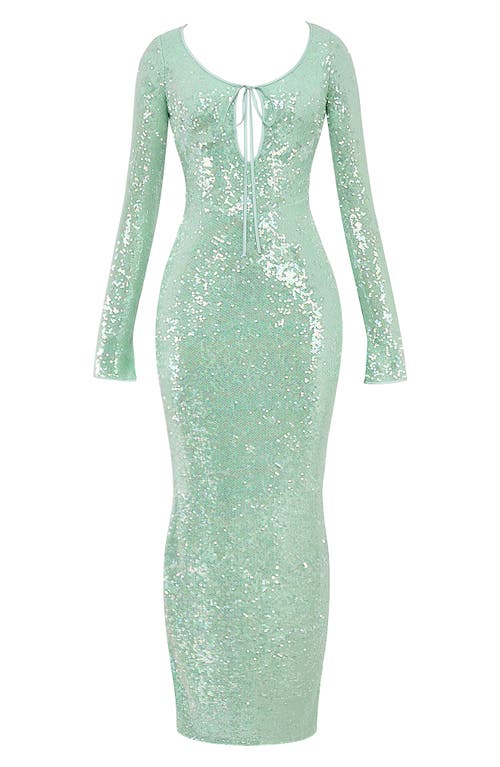 Shop House Of Cb Titania Sequin Long Sleeve Gown In Mist Green