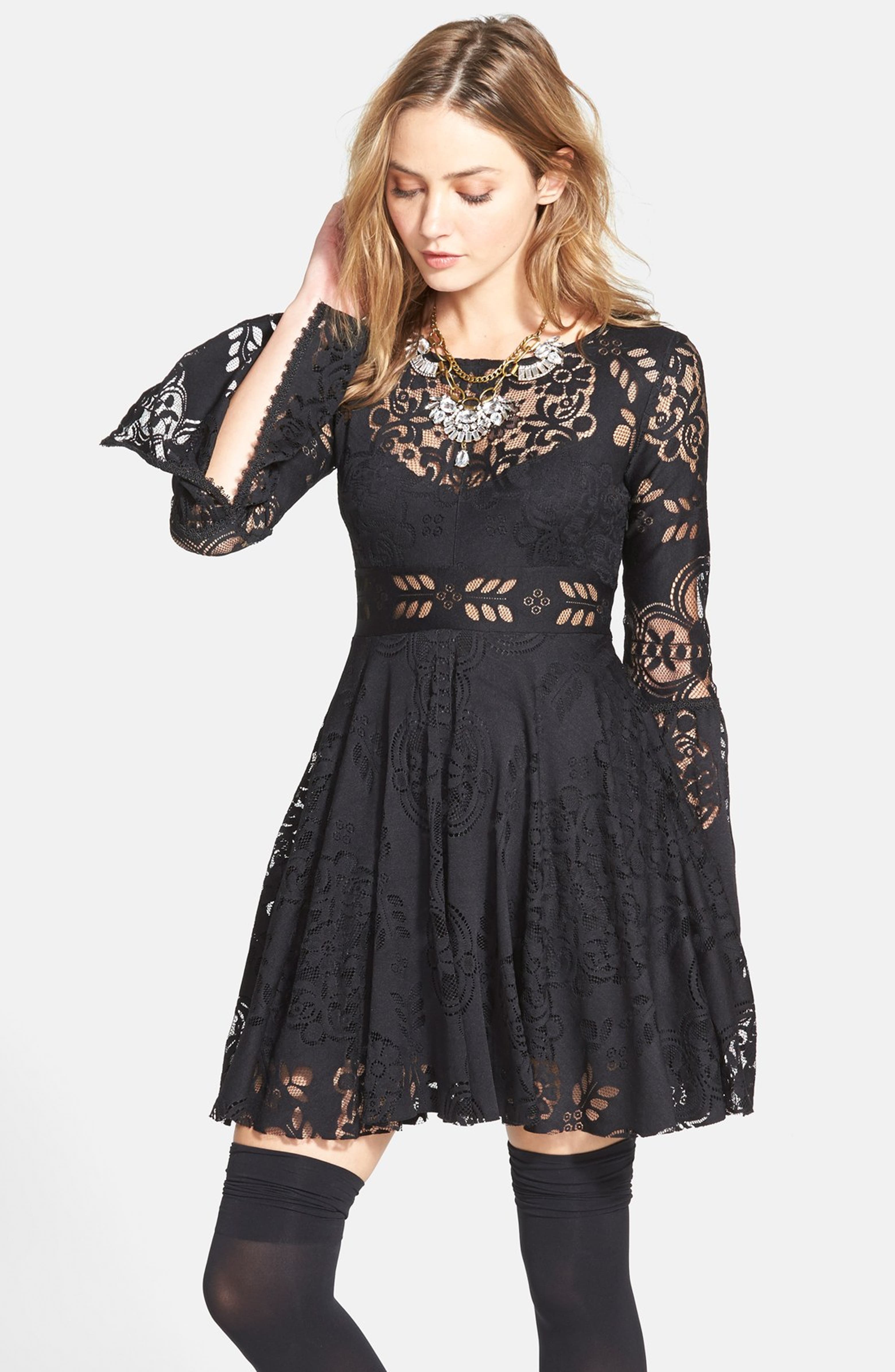 Free People 'Lace Lovers Folk Song' Bell Sleeve Cutout Skater Dress ...