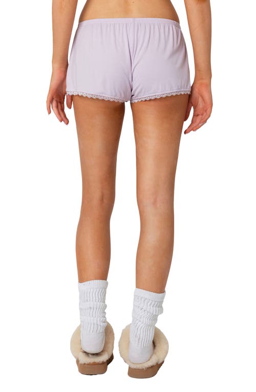 Shop Edikted Buffy Lace Trim Shorts In Lilac