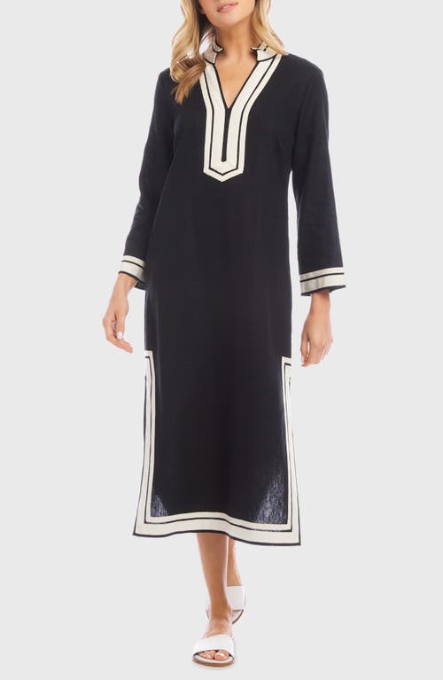 The St. Tropez Long Sleeve Linen Blend Midi Dress in Black/Cream
