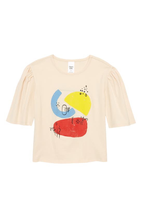 Open Edit Kids' Puff Sleeve Graphic Tee In Beige Pearl Doodle Shapes