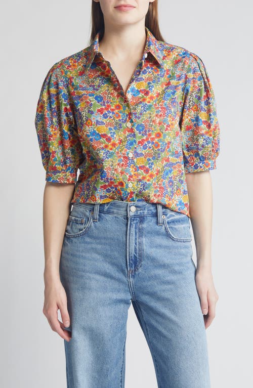 Floral Puff Sleeve Cotton Shirt in Blue Multi