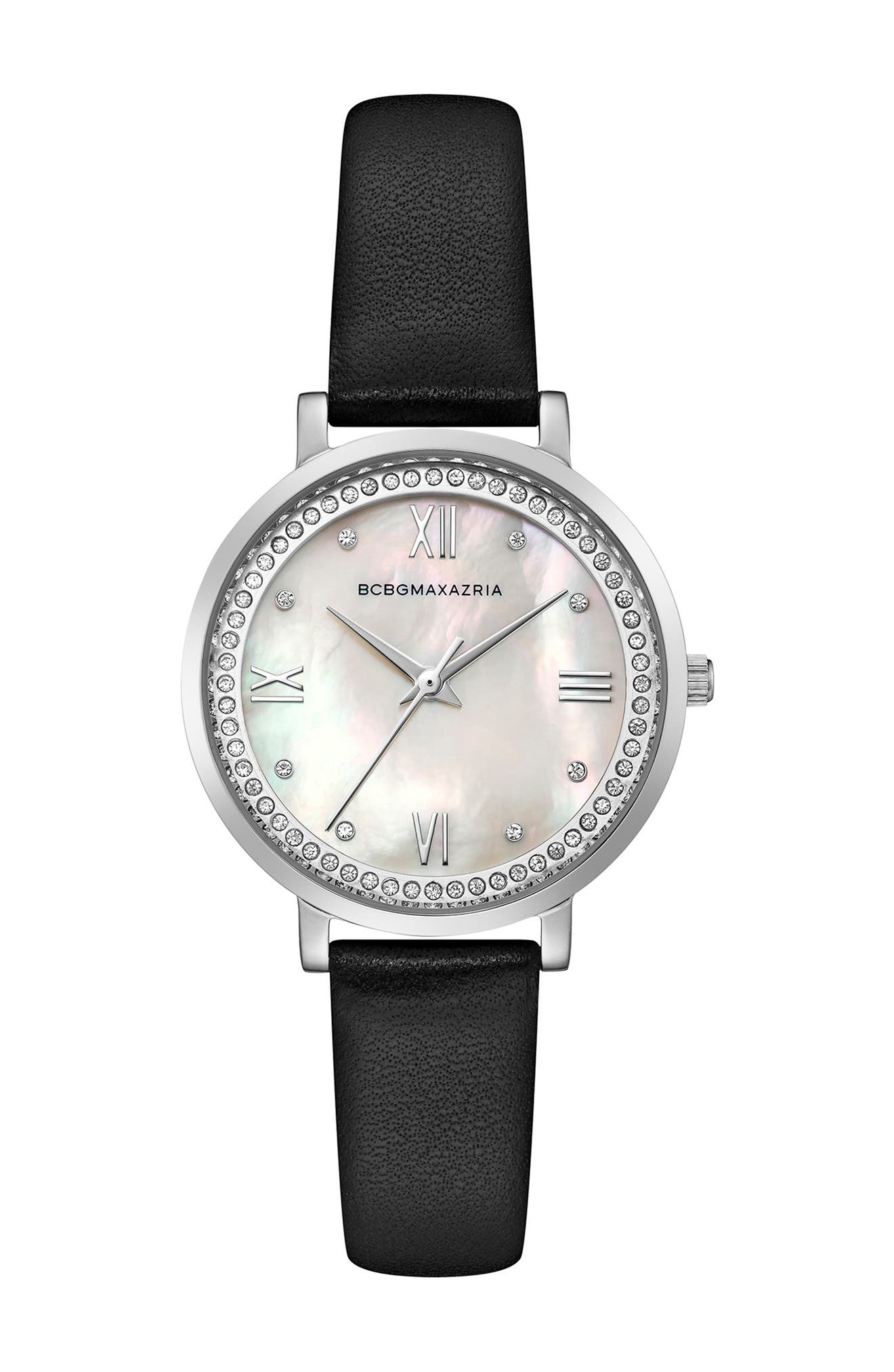 Bcbg Women's Crystal Embellished Leather Strap Watch In Black