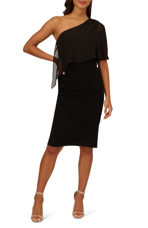 Plus Size One Shoulder Dress With Chiffon Cape In Black