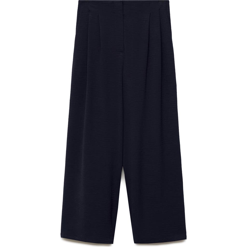 Mango Textured Ankle Wide Leg Pants In Navy