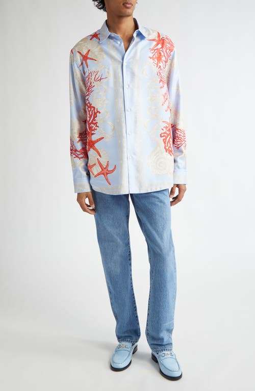 Shop Versace Silk & Cotton Reversible Button-up Shirt In Blue Hydrangea Coral Bone