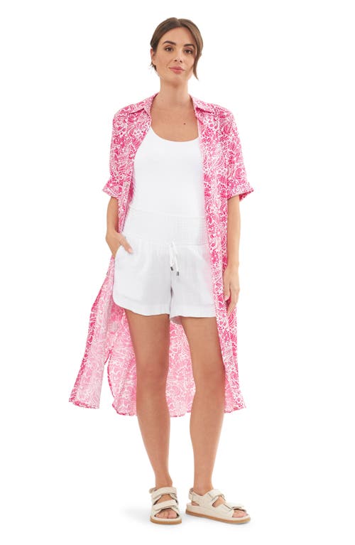 Shop Ripe Maternity Janis Maternity Shirtdress In Hot Pink/white