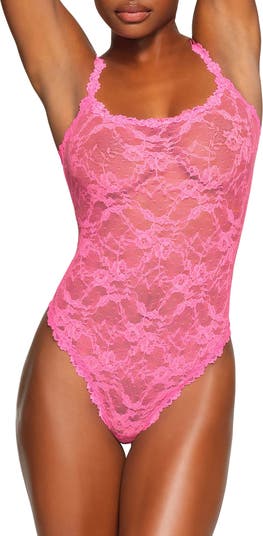 Pink Stretch Satin Strappy Thong Bodysuit