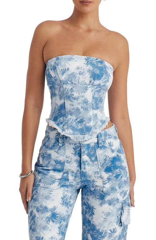 Mistress Rocks Floral Strapless Denim Corset Top In Blue