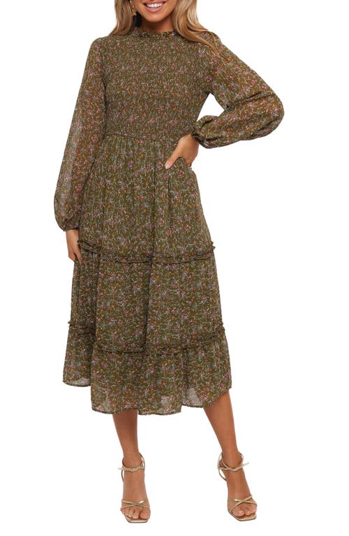 Petal & Pup Edwina Floral Long Sleeve Tiered Midi Dress in Olive Floral 