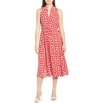 Anne Klein Zuma Petal Split Neck Midi Dress, Red