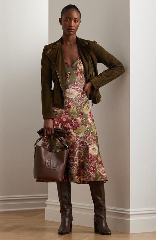 Shop Lauren Ralph Lauren Floral Sleeveless Charmeuse Dress In Olive Multi