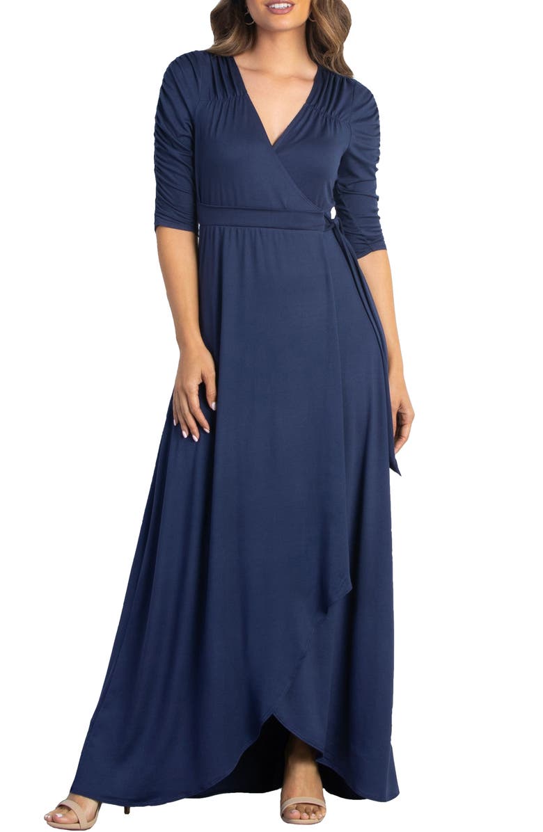 Kiyonna Meadow Dream Faux Wrap V-Neck Elbow Sleeve Dress, Main, color, Nouveau Navy
