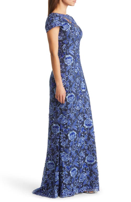 Tadashi Shoji Embroidered Lace Evening Gown In Blue Violet/navy