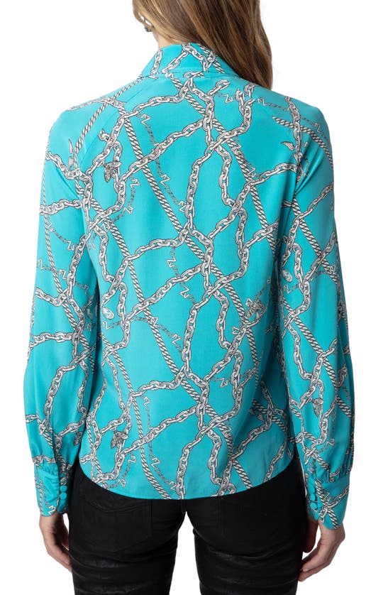 Shop Zadig & Voltaire Tuile Chain Print Balloon Sleeve Silk Top In Aqua