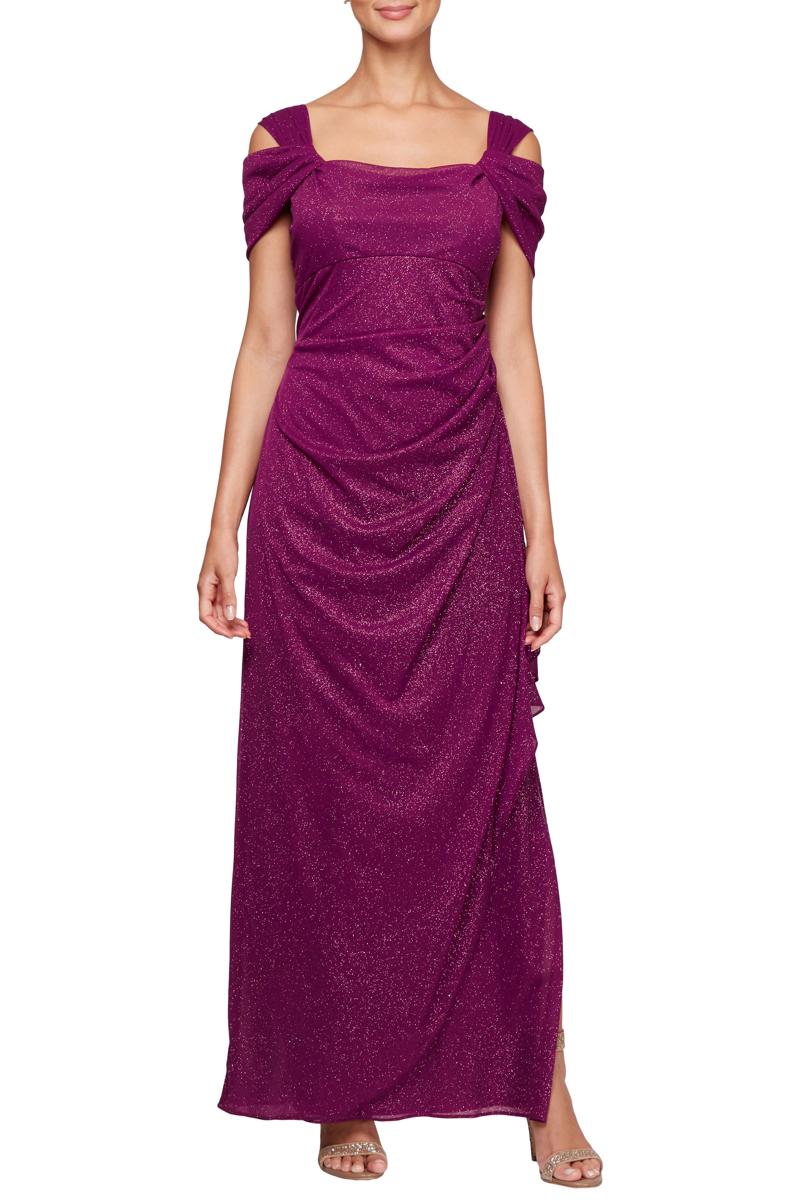 Petite Alex Evenings Cold Shoulder Chiffon Gown, Purple