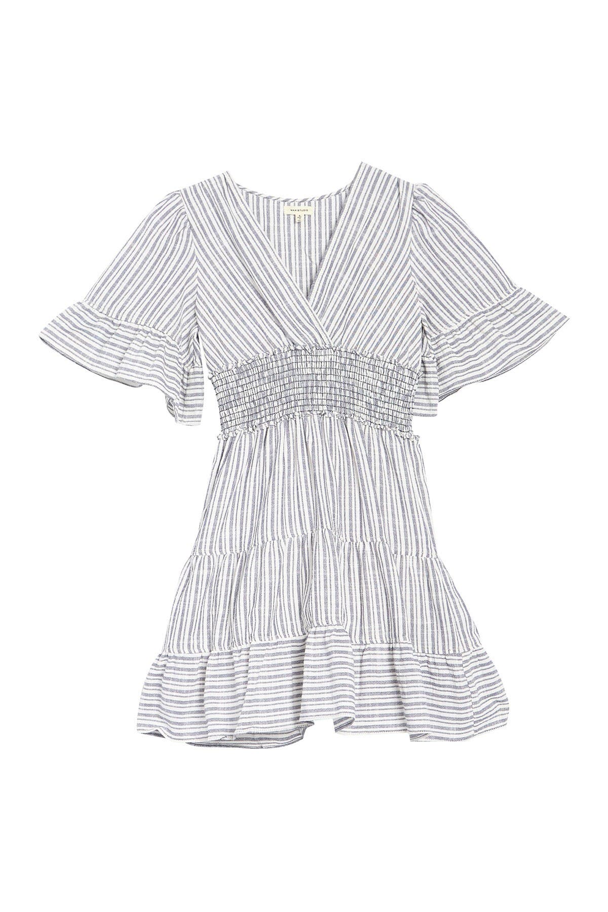 Max Studio Smocked Waist Stripe Mini Dress In Navy/ivo