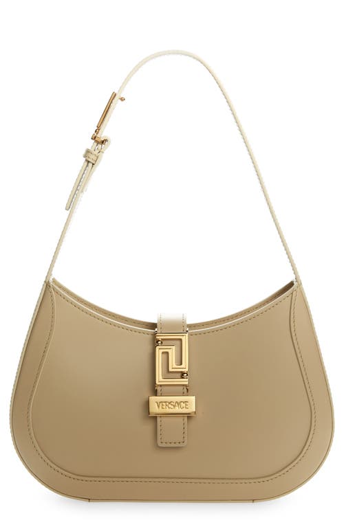 Shop Versace Small Greca Leather Hobo Bag In Sand/ Gold