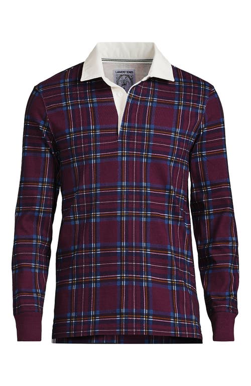 Shop Lands' End Long Sleeve Rugby Shirt In Royal Burgundy/blue Plaid