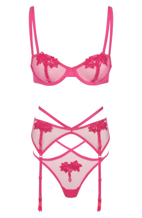 Victoria's Secret 36C BRA SET+L thongs+garter TEDDY beige PINK embroidered  lace