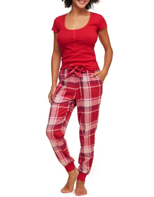 Adore Me Caileigh Pajama T-shirt & Jogger Set Plaid Red at Nordstrom,