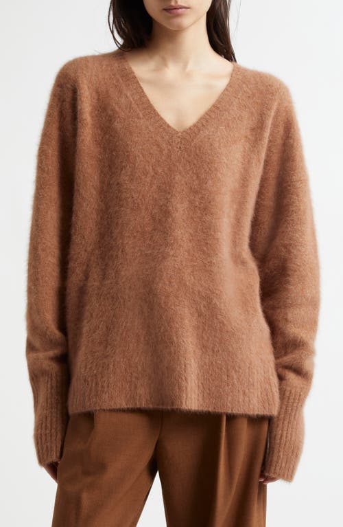 Shop Margaret O'leary Fox Hair, Wool & Silk V-neck Sweater In Toffee