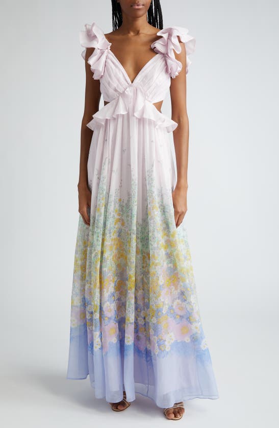 Shop Zimmermann Floral Ruffle Linen & Silk Gown In Blue Meadow