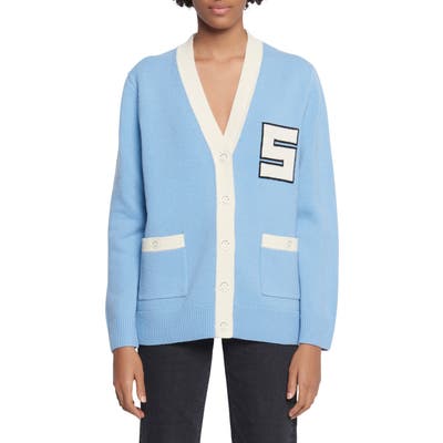 Sandro Amal Varsity Wool Cardigan Sweater, Blue