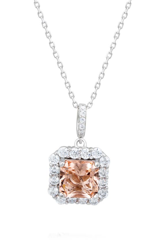 Suzy Levian Sterling Silver Asscher Cut Cubic Zirconia Halo Pendant Necklace In Pink