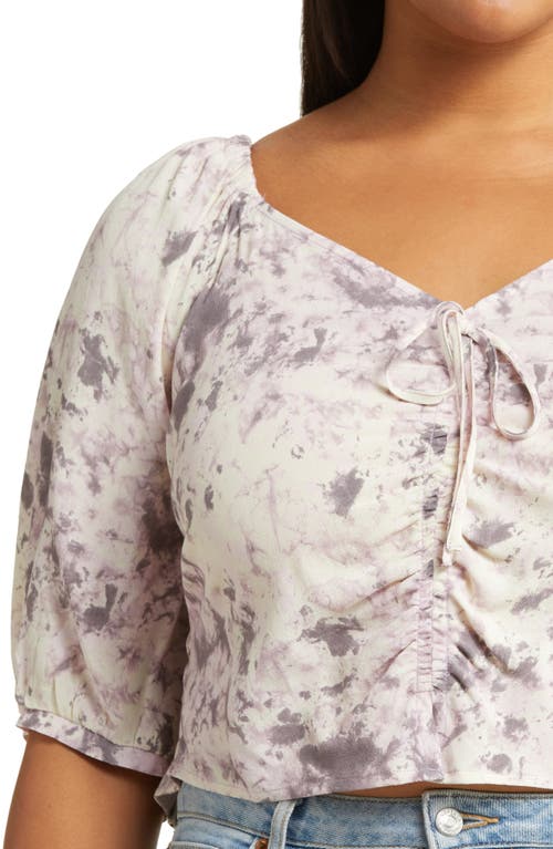 Open Edit Tie Front Puff Sleeve Blouse In Ivory- Grey Q Campy Dye